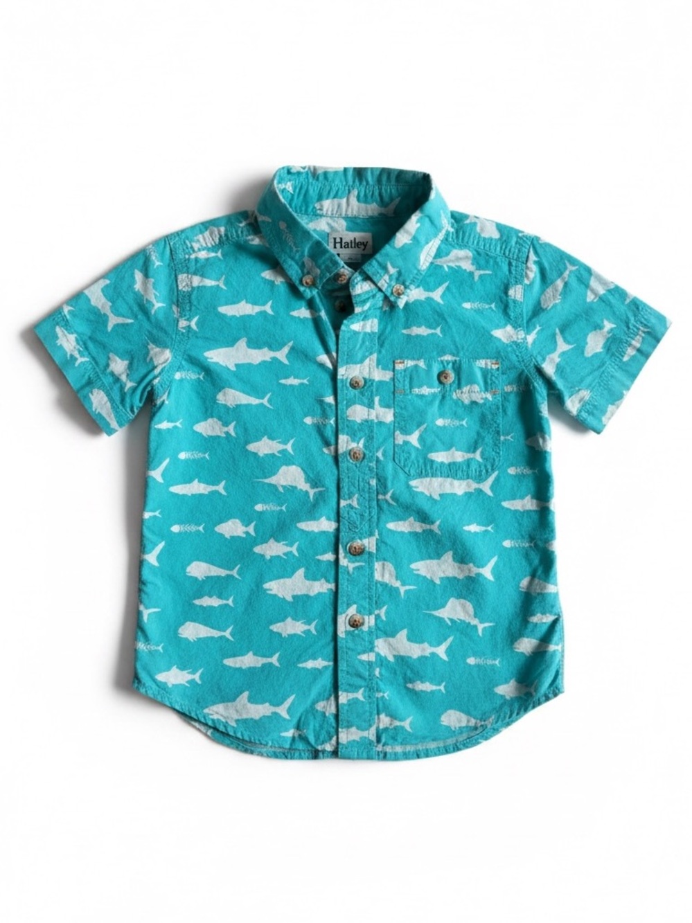 Hatley Fish Print Cotton Button Down Shirt Beach Vacation Aqua White Boys Size 4